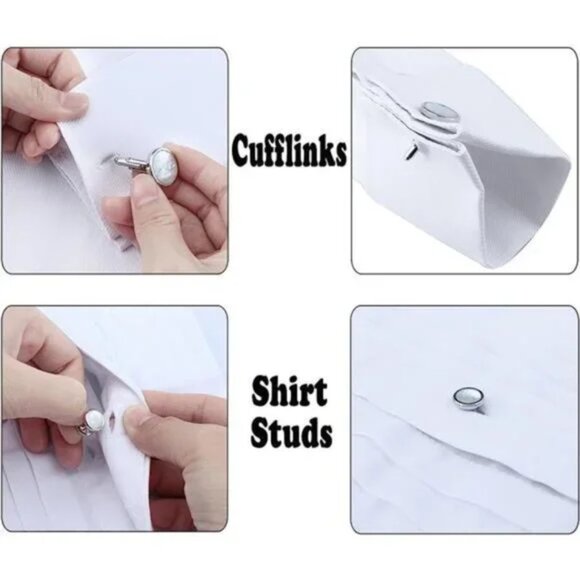 MOTHER-OF-PEARL Tuxedo Shirt Button and Cufflink Set Silver Tone- MOP - Picture 4 of 7